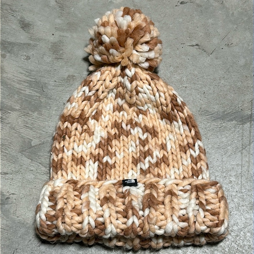 The North Face Tan and Cream Knit Pom-Pom Hat